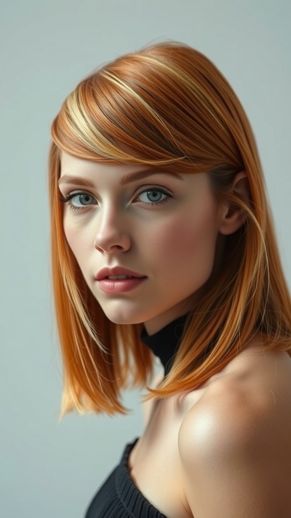 A woman with ginger hair featuring diagonal blonde streaks, showcasing a modern hairstyle.