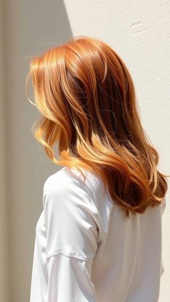 A woman with ginger hair styled in an ombre effect, showcasing a blend of darker roots and lighter ends.