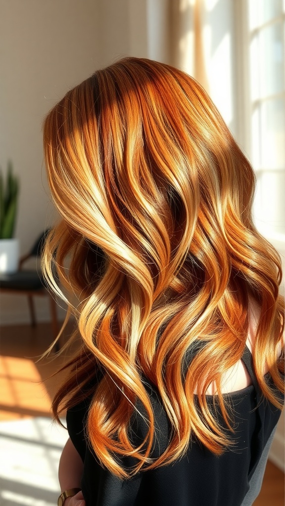 A woman with light ginger hair styled in soft waves, featuring subtle balayage highlights.
