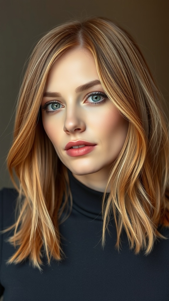 A woman with ginger hair featuring blonde balayage highlights, styled in layers.