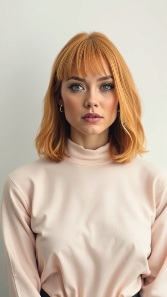 A woman with ginger lob hairstyle featuring bold blonde highlights