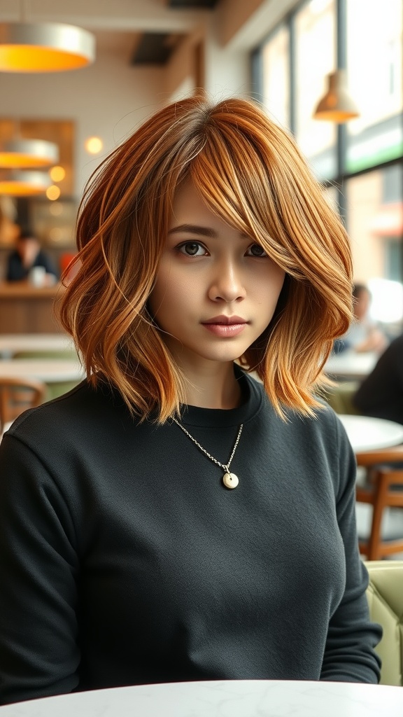 A woman with ginger lob hairstyle and face-framing layers, sitting in a cafe.