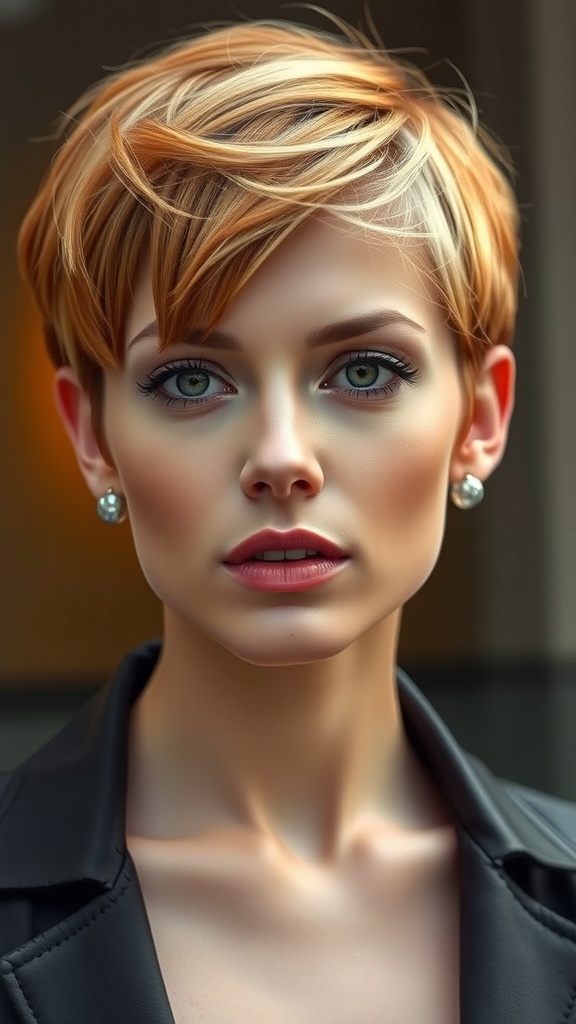 A woman with a ginger pixie bob hairstyle featuring platinum blonde tips, showcasing a modern and stylish look.