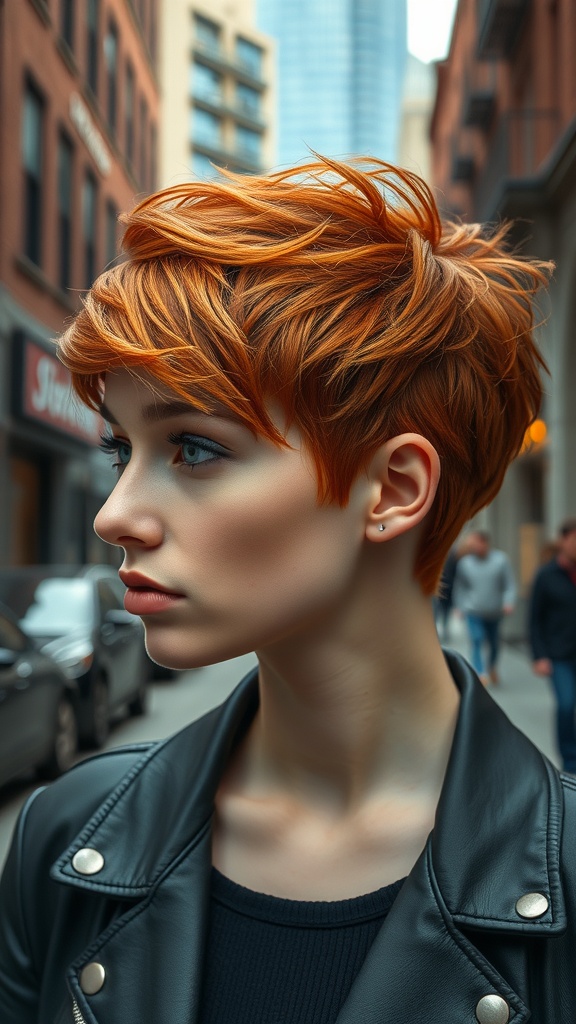 A young woman with a ginger pixie cut and edgy undercut, wearing a leather jacket, standing in an urban setting.