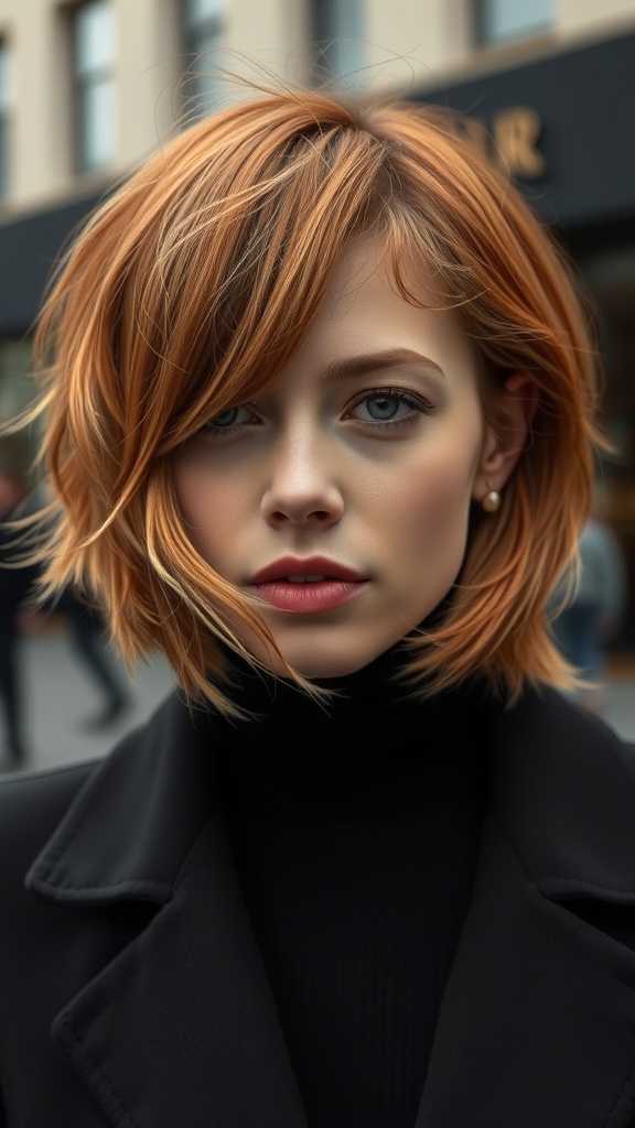 A woman with a ginger shag cut featuring underlayer blonde highlights, styled casually.