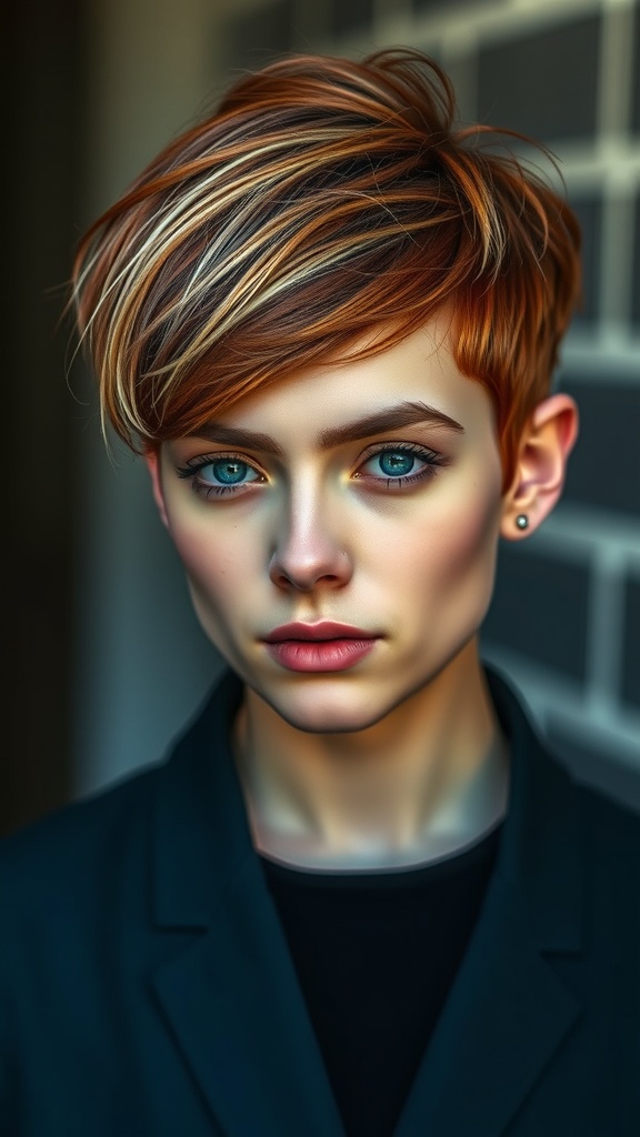 A close-up of a person with a ginger undercut pixie hairstyle featuring blonde highlights.