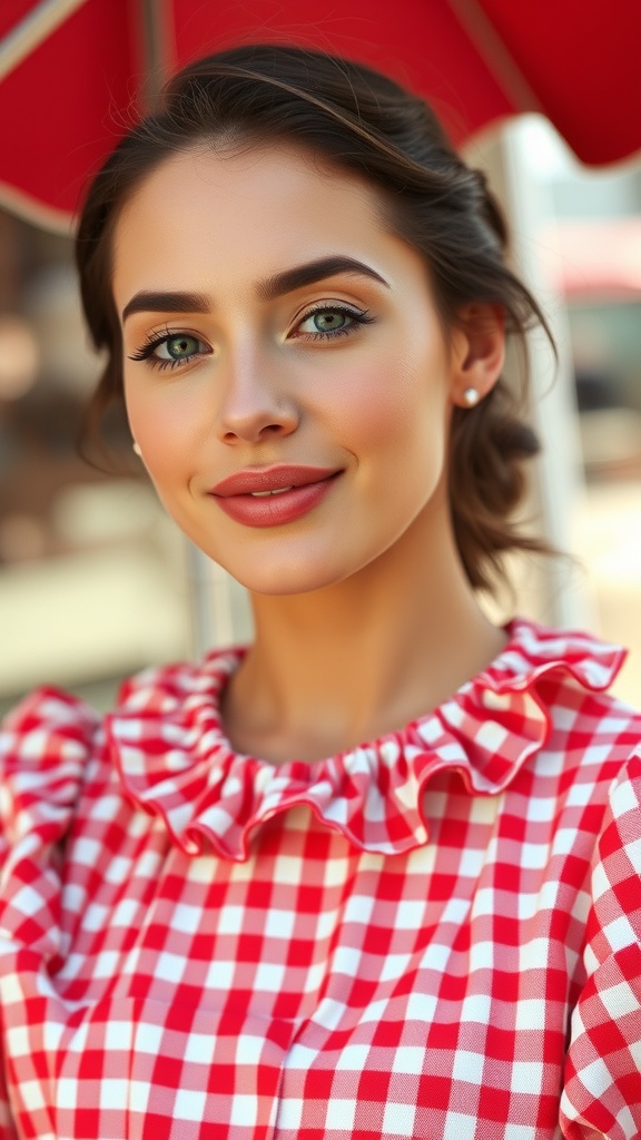 A woman wearing a red and white gingham babydoll dress with a ruffled neckline, smiling outdoors.