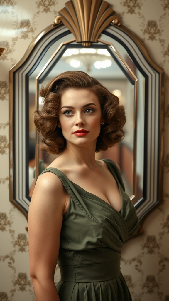 A woman with glamorous pin curls, showcasing vintage 1920s hairstyle.