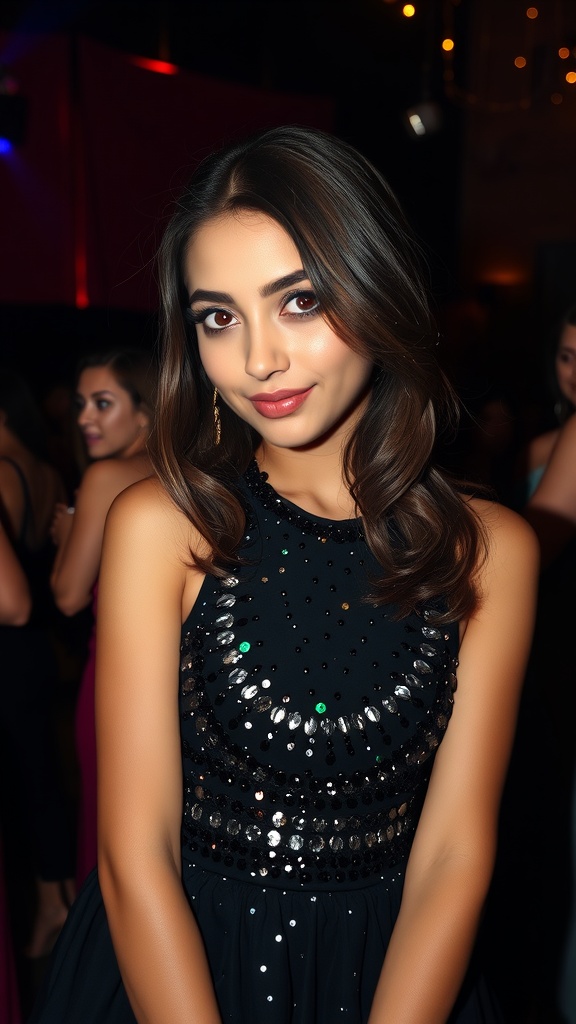 Back view of a black dress with sequined details, illuminated by chandelier lights in a formal setting.