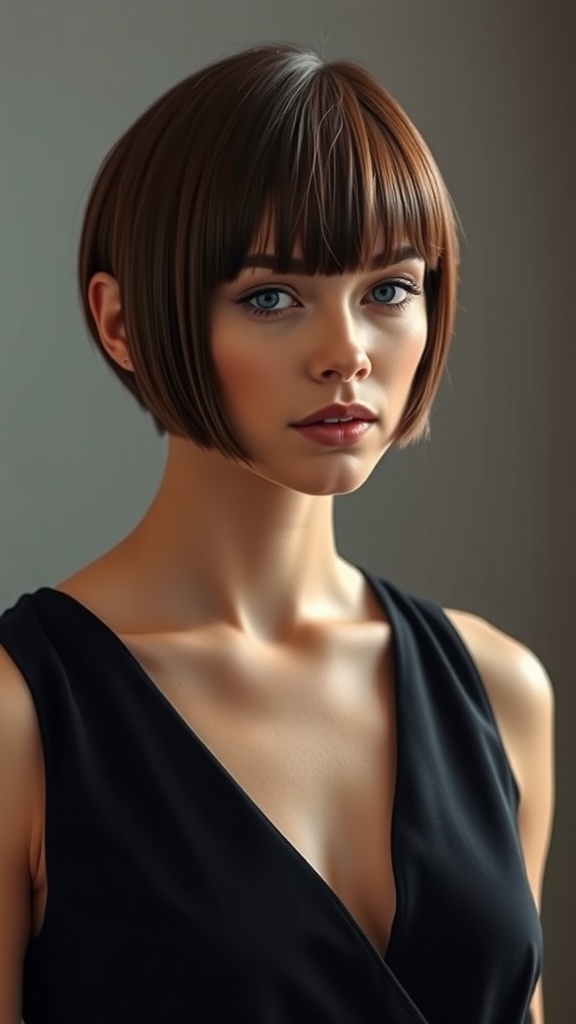 A model showcasing a sleek glass hair look with a straight bob hairstyle.