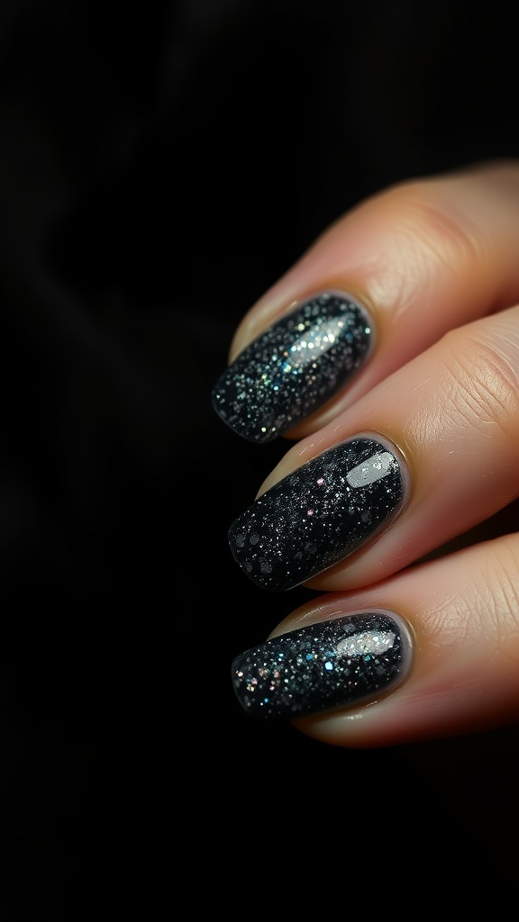 Close-up of nails painted in black with glitter, resembling stardust.