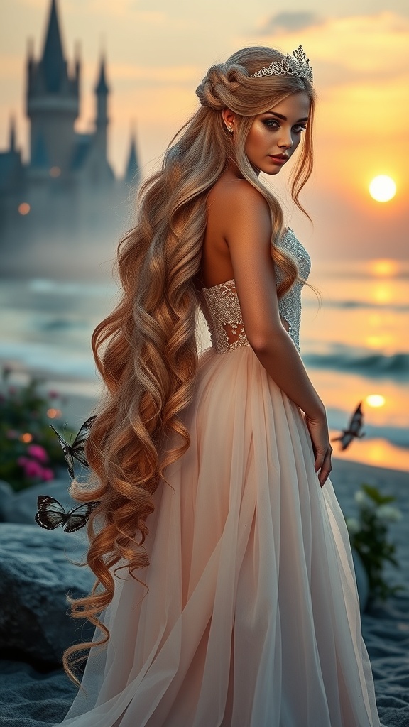 A woman with long, flowing mermaid waves standing by the shore at sunset, wearing a beautiful gown and a crown, with a castle in the background.
