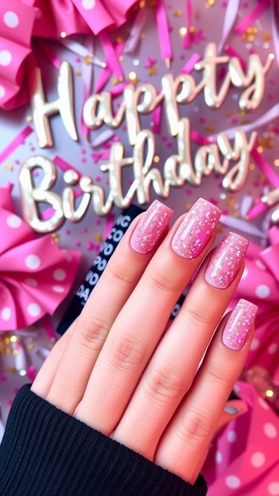 A hand with glittering ombre gradient nails in pink shades, celebrating a birthday with decorations in the background.