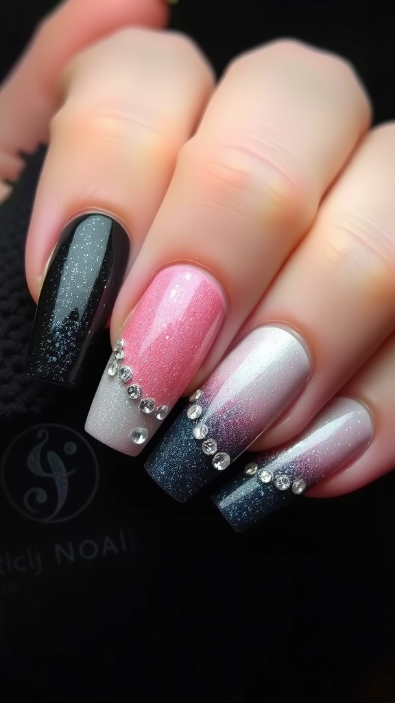 A hand showing off glittery ombre nails with rhinestones, featuring a gradient of black, pink, and white.