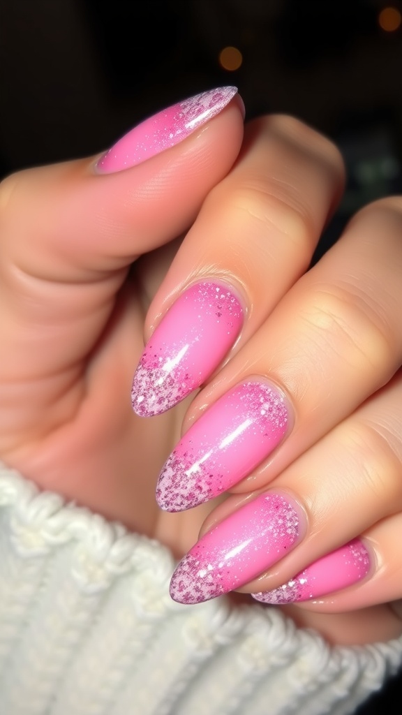 Close-up of hands with glittery pink ombre nails