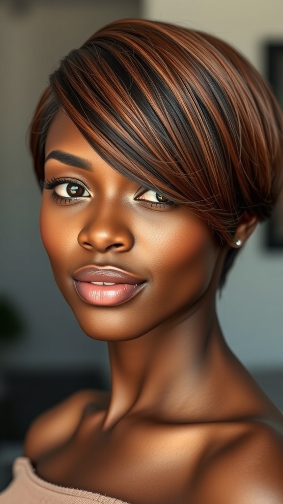 A woman with a glossy brown pixie cut and side-swept fringe, showcasing a confident and stylish look.