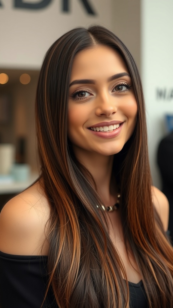A woman with glossy coffee brown hair featuring hazelnut highlights, smiling warmly.
