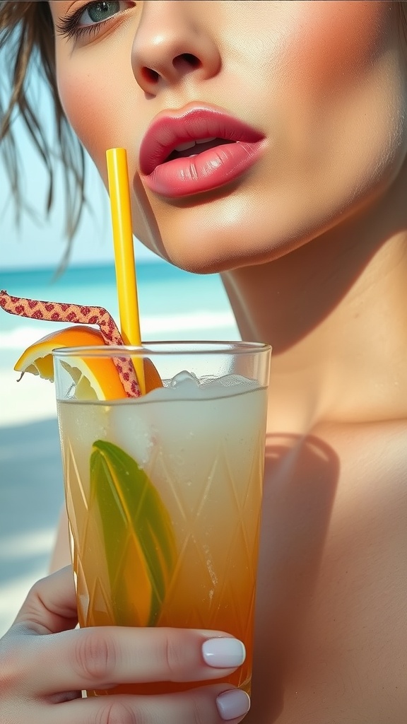 Close-up of a woman with glossy lips holding a drink at the beach