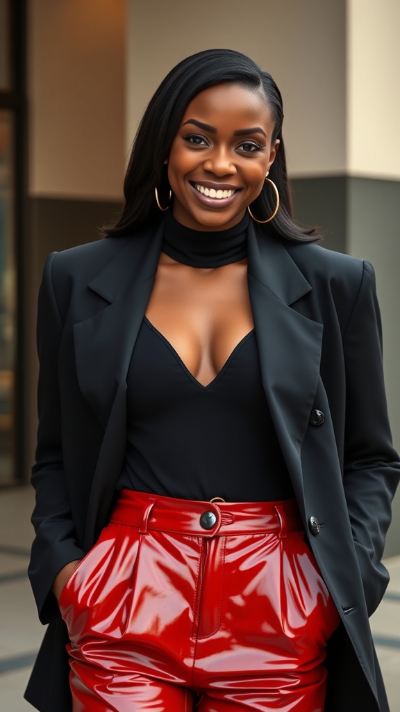 A woman smiling in a black blazer and glossy red leather pants, showcasing a stylish and edgy outfit.