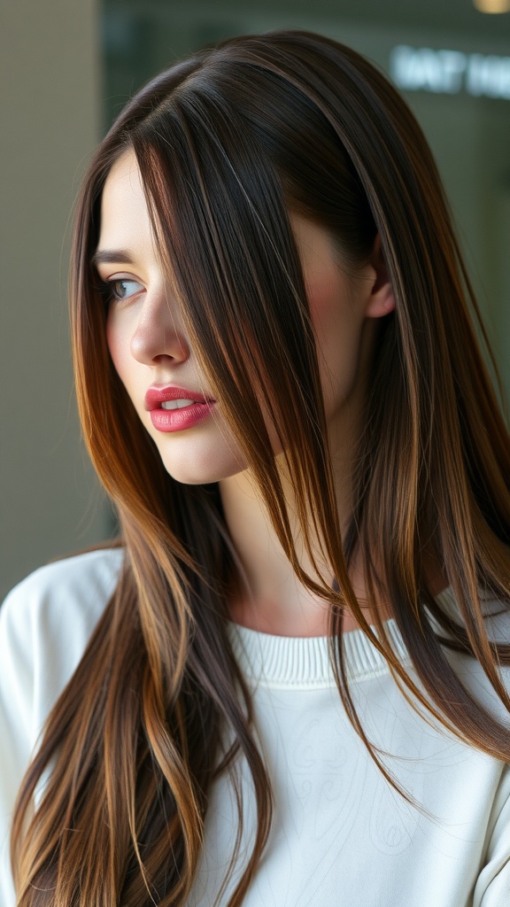 A model with long, glossy straight layered hair, showcasing a polished and vibrant hairstyle.