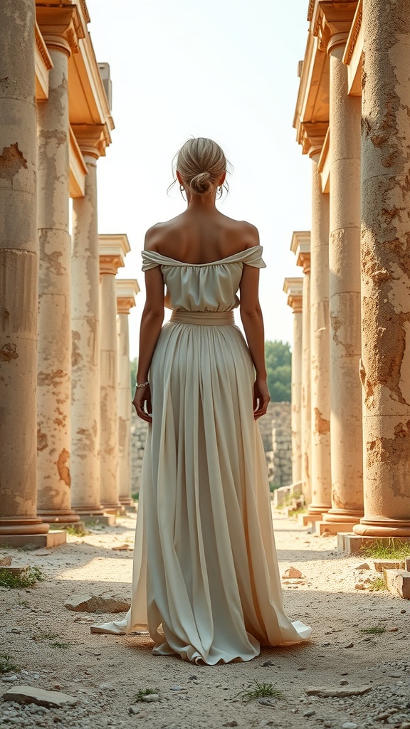A woman in a flowing maxi skirt and off-shoulder top standing between ancient columns.