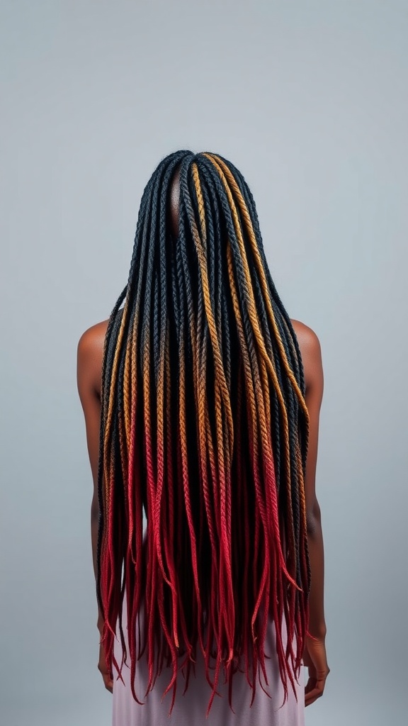 A woman with long goddess locs featuring ombre shades of black, gold, and red.