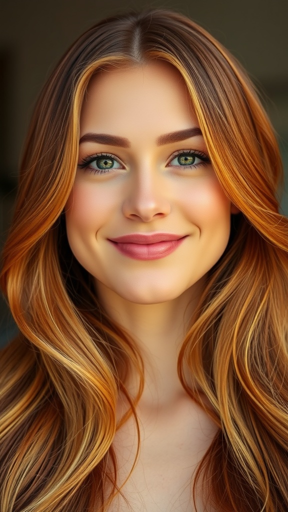 A woman with golden auburn hair and bright ends, smiling with a natural look.