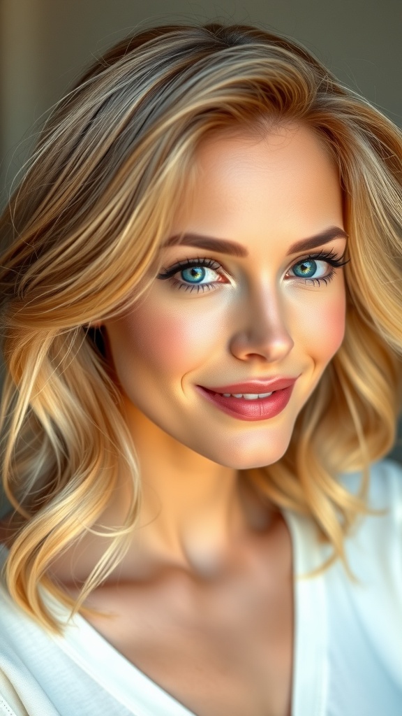 A woman with golden blonde hair styled in soft waves, showcasing her blue eyes.