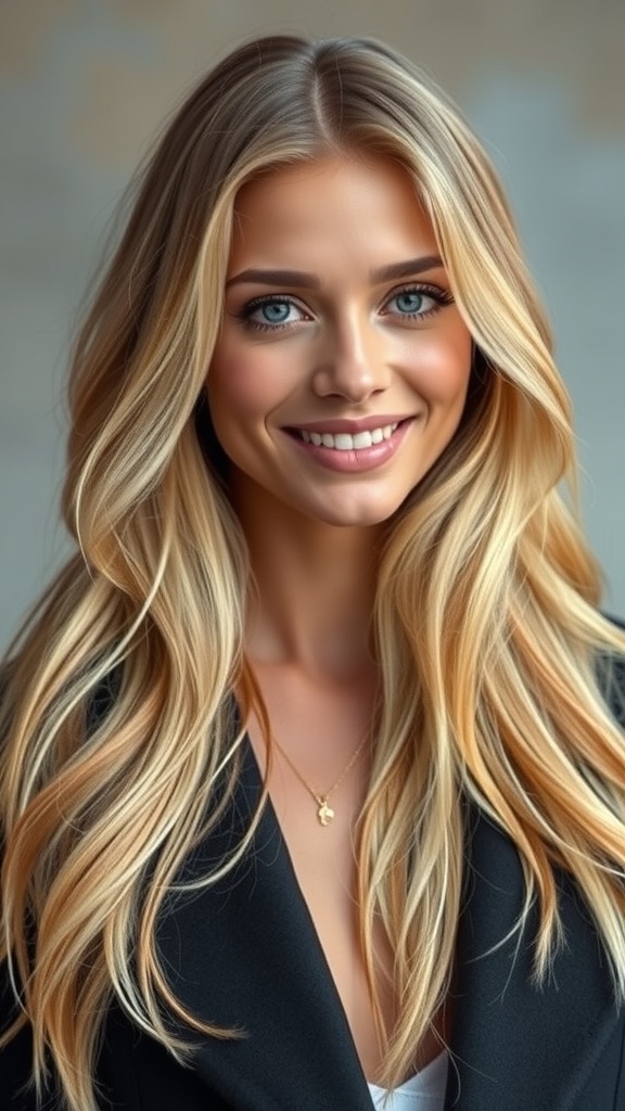 A woman with golden blonde layered hair featuring caramel tints, smiling warmly.