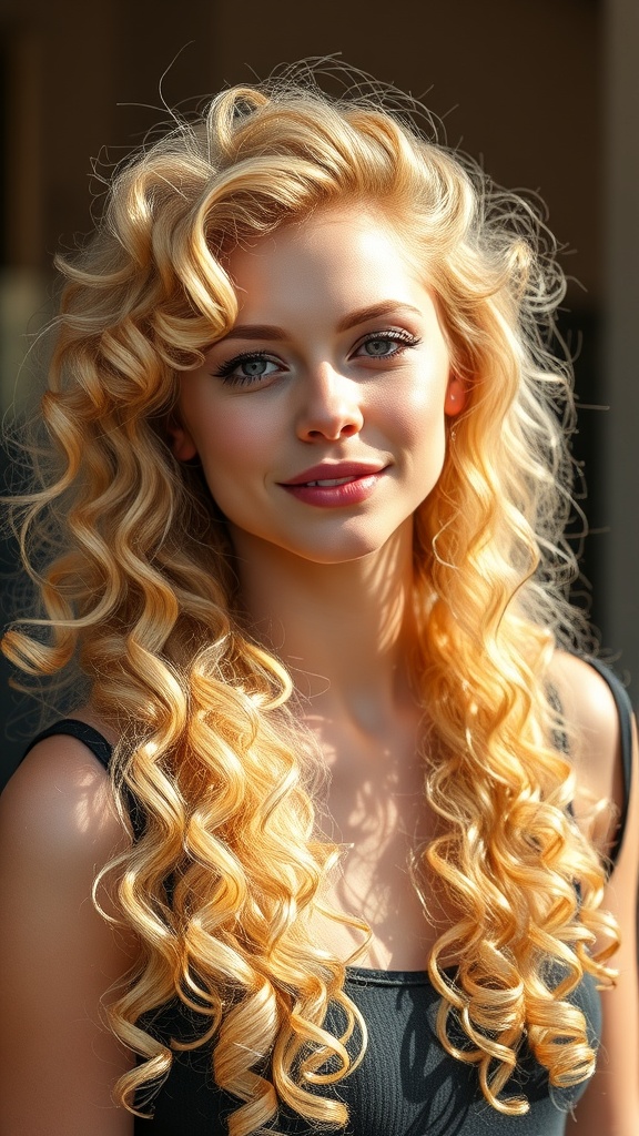 A woman with golden blonde curly hair smiling outdoors