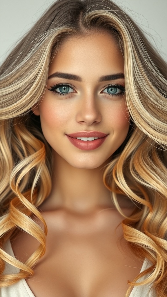 A woman with golden blonde hair featuring soft mocha lowlights, styled in loose curls.