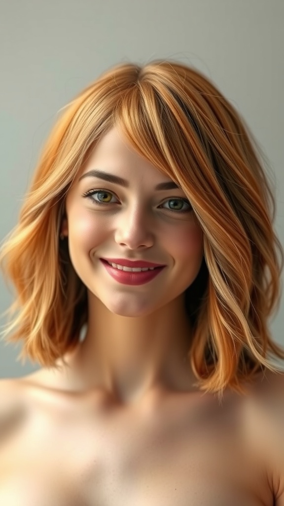 A woman with golden copper blonde hair styled in a shoulder-length cut, smiling at the camera.