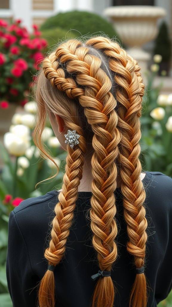 A person with golden copper braids in a garden setting, showcasing rich hair color.