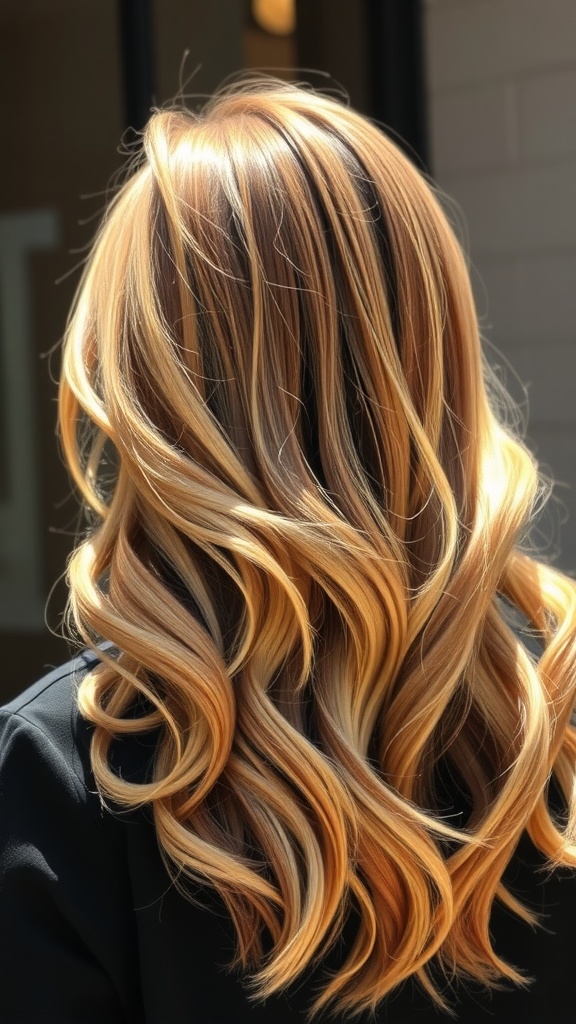 A back view of hair styled in golden honey balayage with soft waves