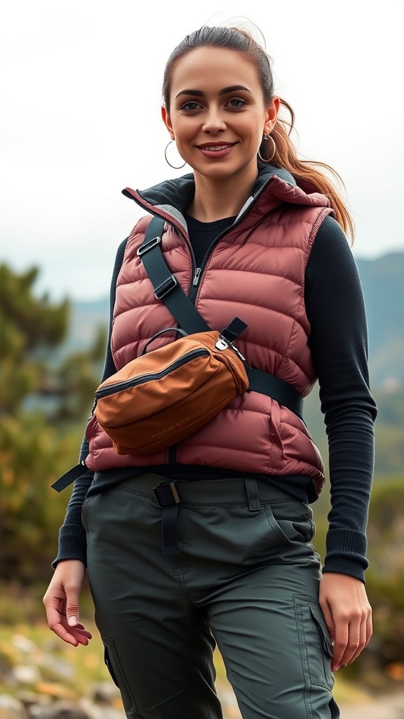 A woman wearing a puffer vest and utility pants, styled for outdoor activities.
