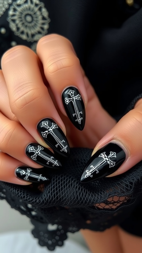 Matte black nails with silver gothic cross designs