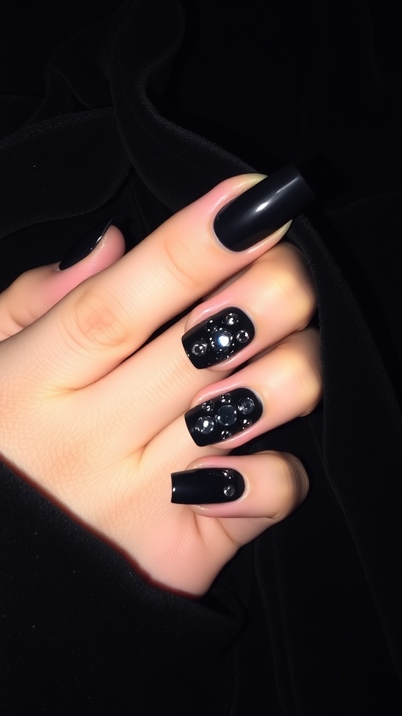 A hand with matte black nails featuring gemstone accents, showcasing a gothic style.