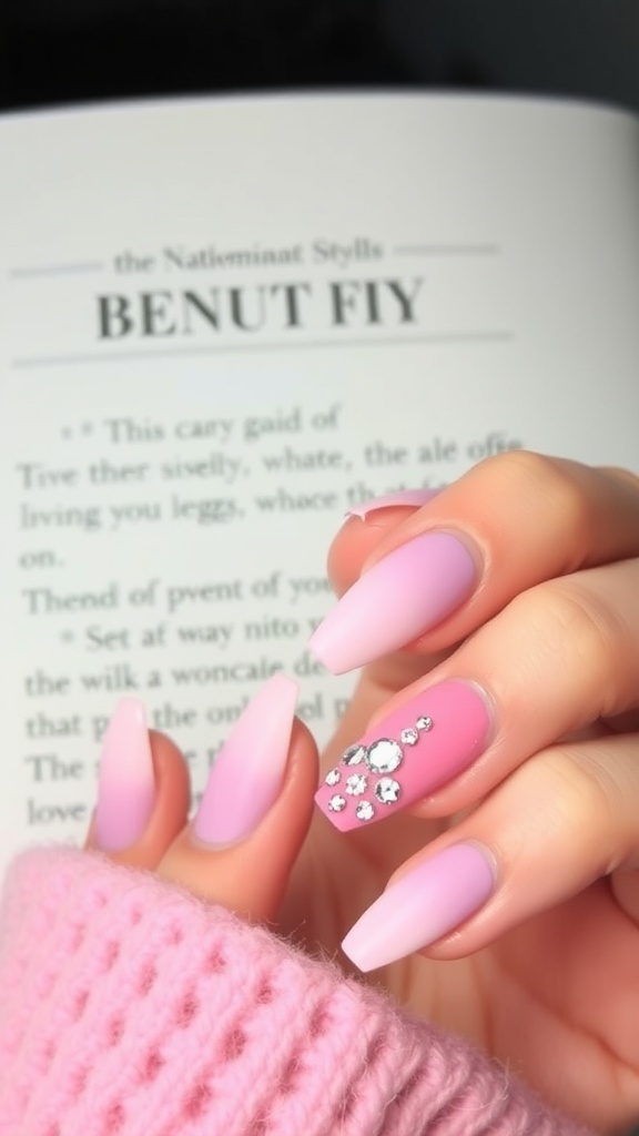 Nails featuring a gradient pink design with rhinestones