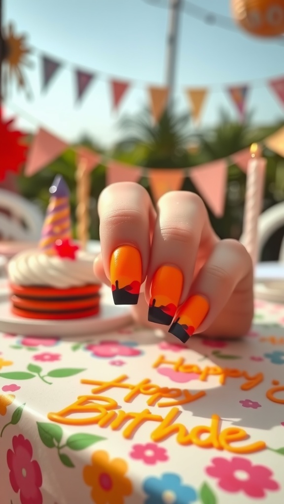 A hand with gradient sunset nails, featuring orange and black colors, set against a colorful birthday table with decorations.