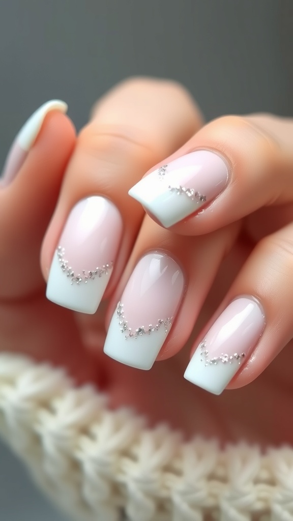Nails featuring gradient tips with glitter and a white French tip design
