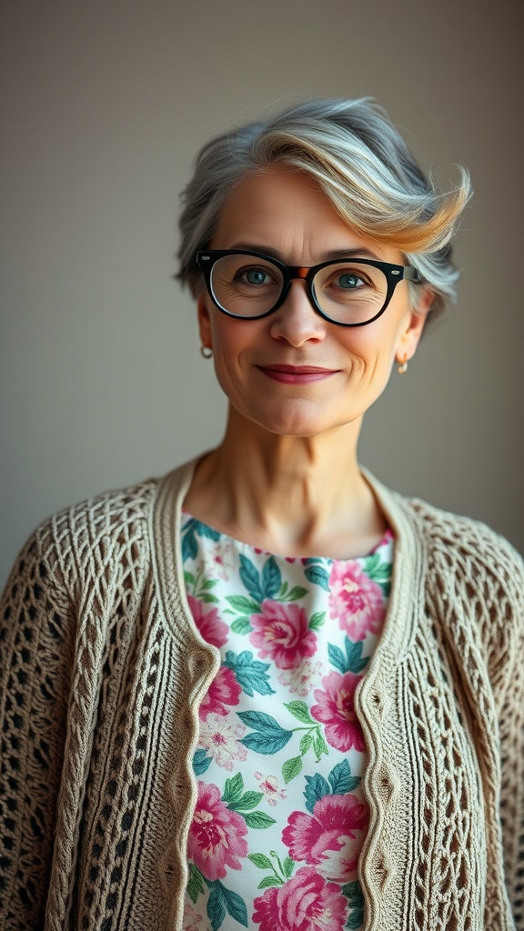 An older woman wearing a floral dress and a crochet cardigan, embodying the grannycore aesthetic.