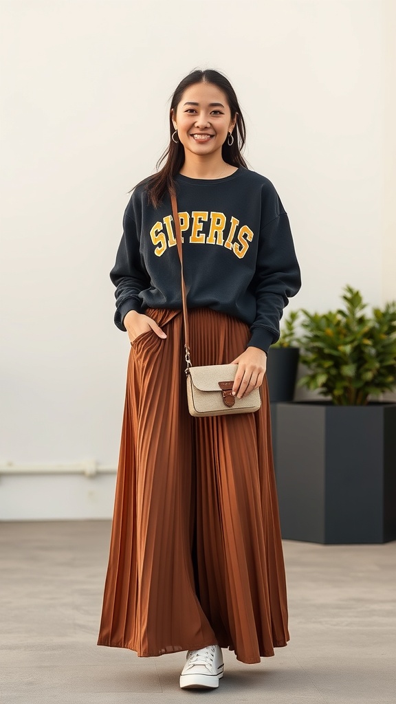 A woman wearing a graphic sweatshirt and a maxi skirt, holding a crossbody bag, smiling outdoors.
