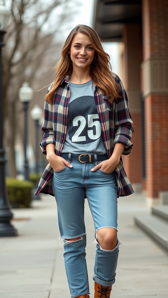 A woman wearing a graphic tee, flannel shirt, and jeans, smiling outdoors.