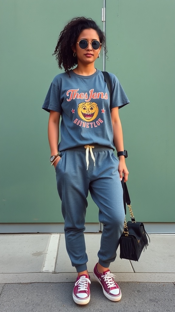 Woman wearing a graphic tee and jogger pants, styled casually with sneakers and a handbag.