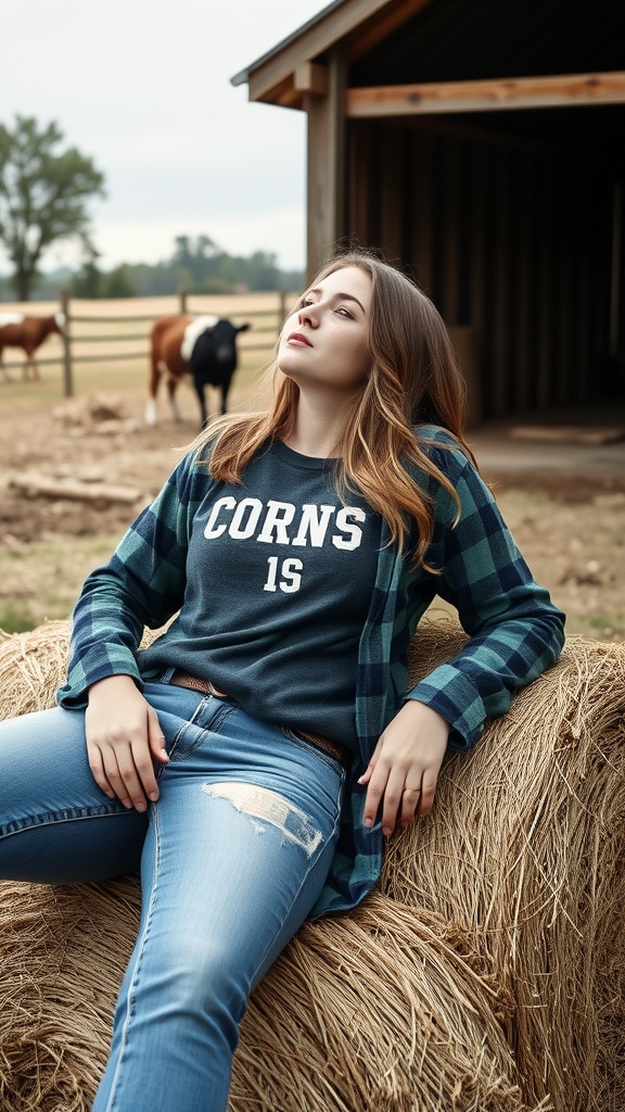 A woman sitting on hay bales wearing a graphic tee and a flannel shirt on a farm.