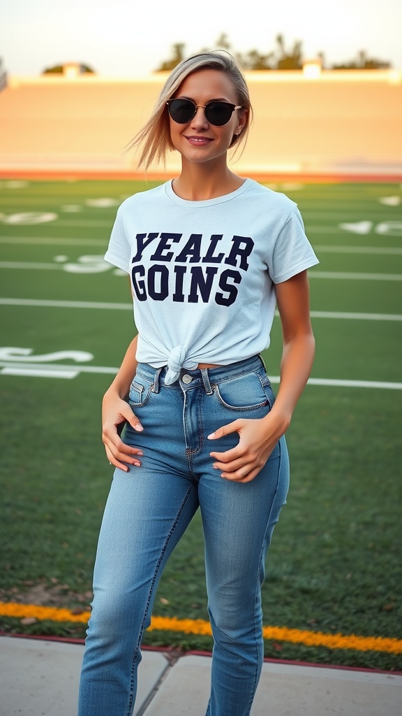 A woman wearing a graphic tee and high-waisted jeans on a football field.