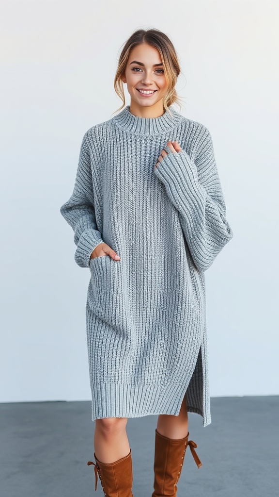 A woman smiling in a gray knit long sleeve dress with an oversized fit, featuring a high neckline and pockets.
