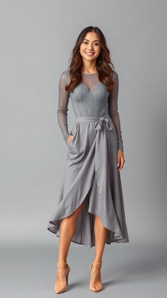 A woman wearing a gray lace long sleeve top and a midi wrap skirt, smiling and posing.
