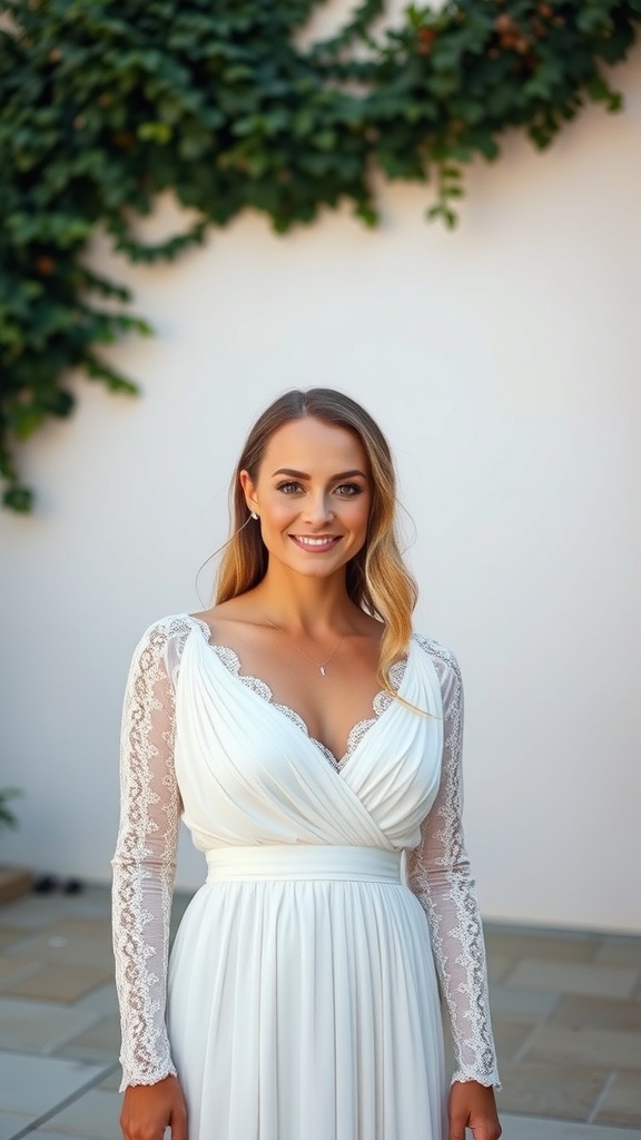 A bride wearing a Grecian-inspired long lace sleeve wedding dress, smiling with a natural backdrop.