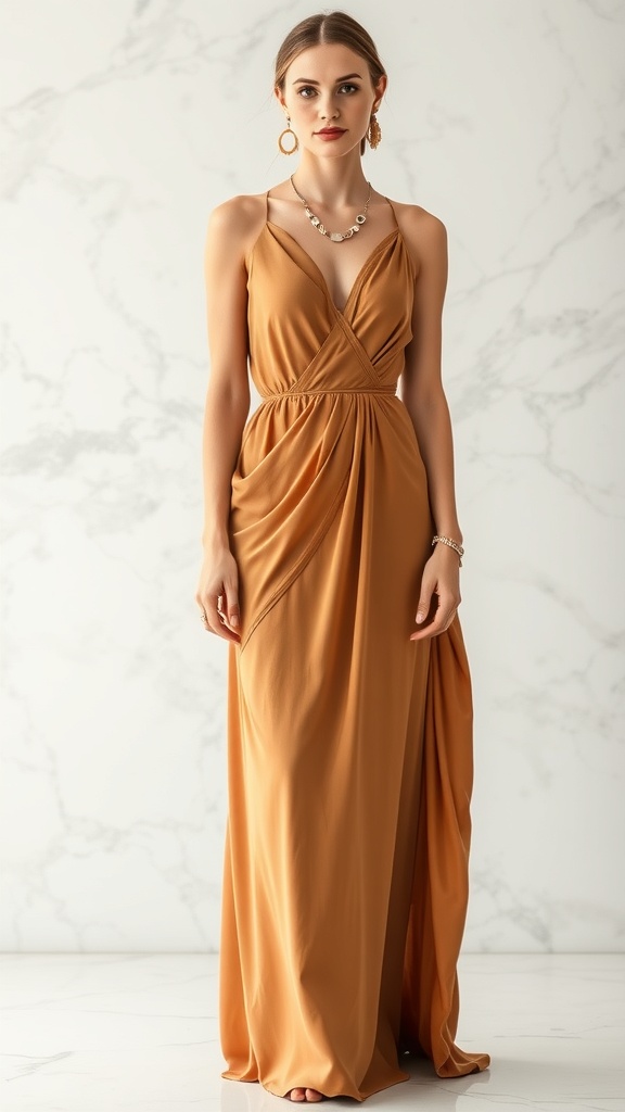 A Grecian-inspired maxi dress with drapes, featuring a deep V-neckline and flowing fabric.